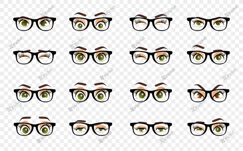 cartoon female eyes illustration colored vector closeup eyes with glasses female woman eyes brows image collection set emotions eyes illustration / تصویر کارتونی چشمان رنگی زن با عینک و احساسات مختلف