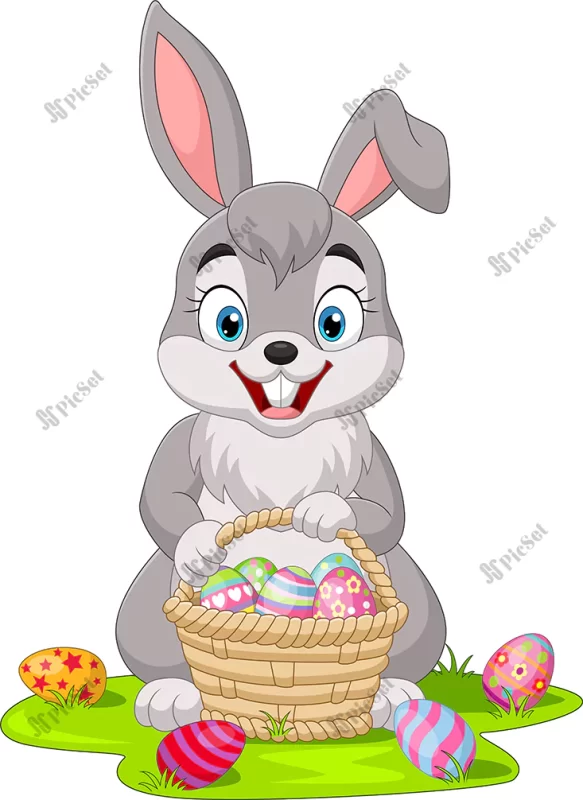 cartoon little bunny with easter eggs basket / خرگوش با سبد تخم مرغ رنگی عید