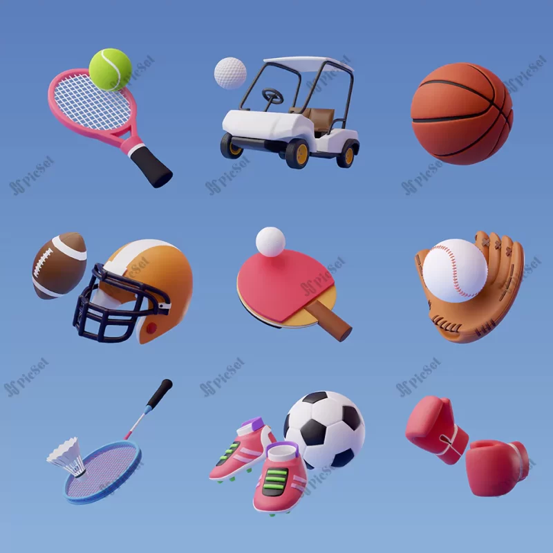 collection 3d sport icon collection isolated blue sport recreation concept / آیکون های ورزشی سه بعدی، توپ فوتبال، تنیس، بدمینتون، هندبال، راکت
