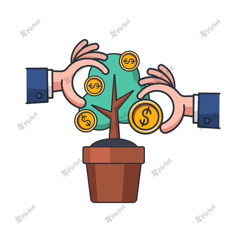 collection colored thin icon hand pick coin from tree business finance concept vector illustration / انتخاب سکه از درخت مفهوم سرمایه کسب و کار