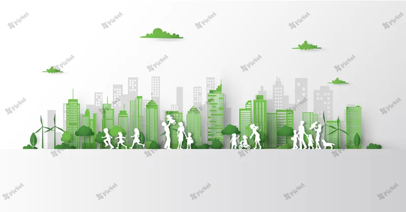 concept green city with building earth / مفهوم شهر سبز با زمین ساختمانی