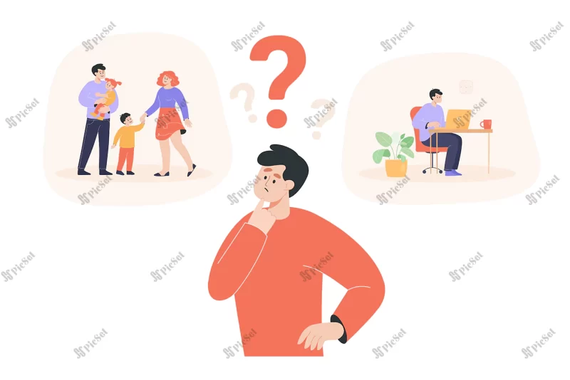 concerned man choosing family work male character making difficult decision parenting business career flat vector illustration choice life concept banner landing web page / مرد نگران انتخاب کار و خانواده، تصمیم گیری دشوار، فرزندپروری، شغل کسب و کار مفهوم زندگی