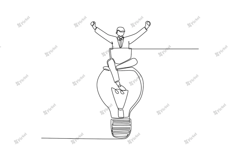 continuous one line drawing happy businessman with laptop sitting light bulb idea business success concept single line draw design vector graphic illustration / مرد خوشحال روی لامپ نشسته با لپ تاپ مفهوم ایده موفقیت کسب و کار