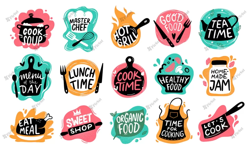cooking food lettering kitchen badge logos baking foods typography cook labels set / لوگو آشپزخانه و پخت غذا تایپوگرافی آشپزی