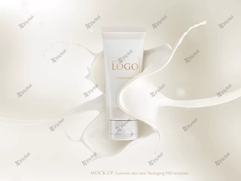 cosmetic tube mockup template with splashing milk cream / موکاپ آرایشی بهداشتی، کرم دست و صورت