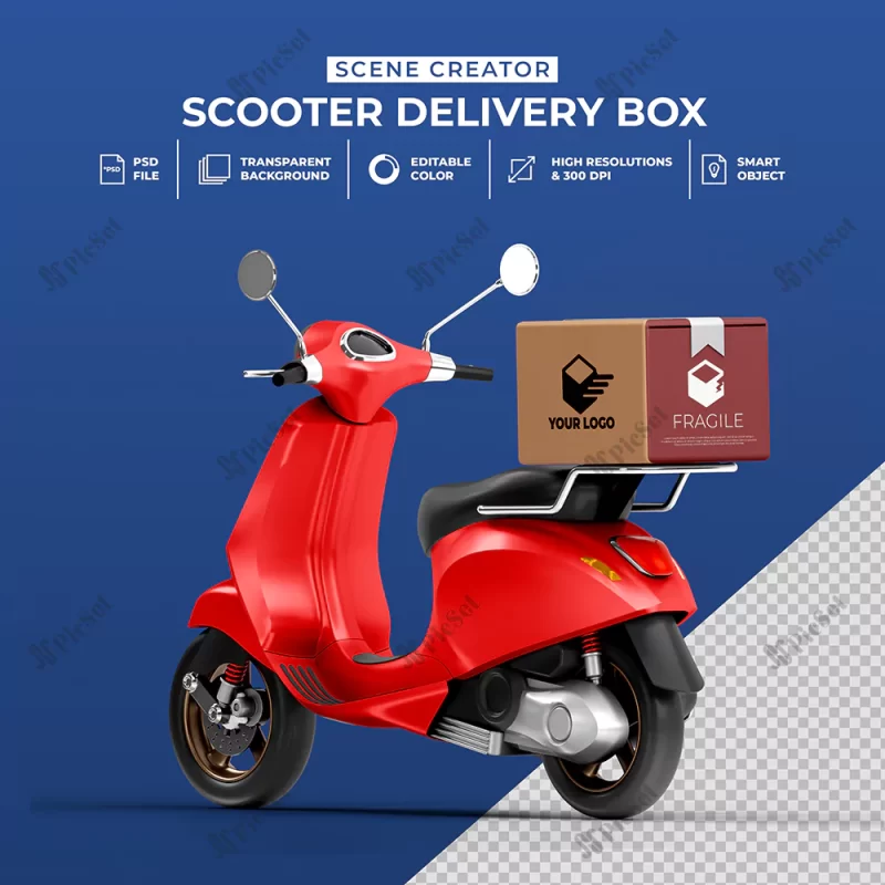 creative concept 3d render delivery scooter bike with box mockup / موکاپ جعبه و بسته تحویل با موتور