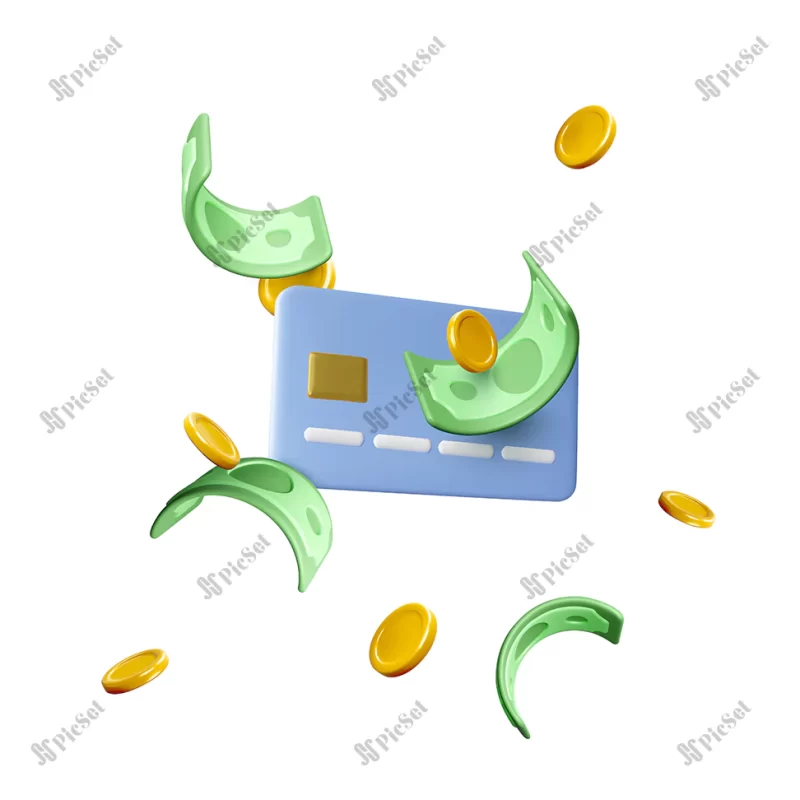 credit card flying money concept green paper dollars gold coins cartoon realistic style exchange business success vector illustration / کارت اعتباری سه بعدی، پول دلار سکه های طلا موفقیت کسب و کار