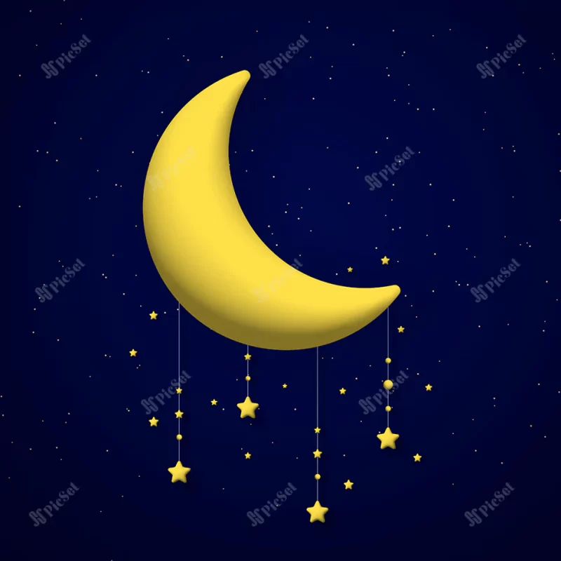 cute 3d moon stars garlands night sky background square composition vector illustration / ستاره های ماه سه بعدی زیبا، آسمان شب