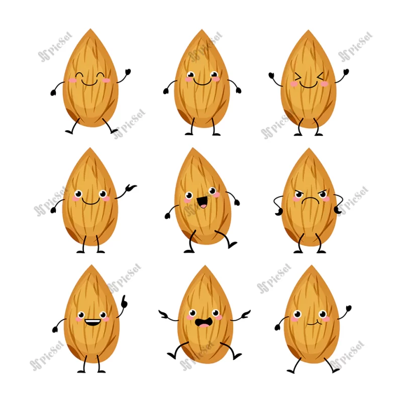 cute almond characters set with different emotions illustration funny nuts mascots / شخصیت های بادام با احساسات مختلف، آجیل خنده دار