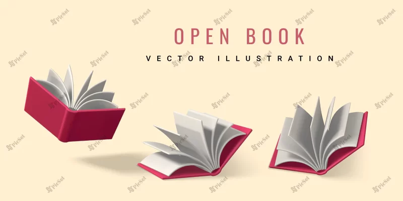 cute cartoon open book realistic 3d book with shadow white background vector illustration / کتاب سه بعدی با صفحات باز