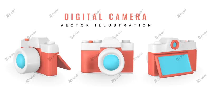 cute cartoon photo camera realistic 3d camera summertime object vector illustration / دوربین سه بعدی