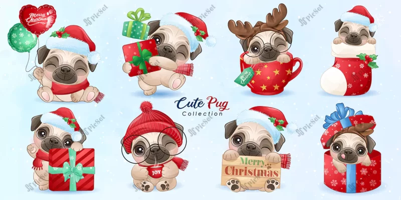 cute doodle pug set christmas day with watercolor illustration / سگ در روز کریسمس با تصویر آبرنگ