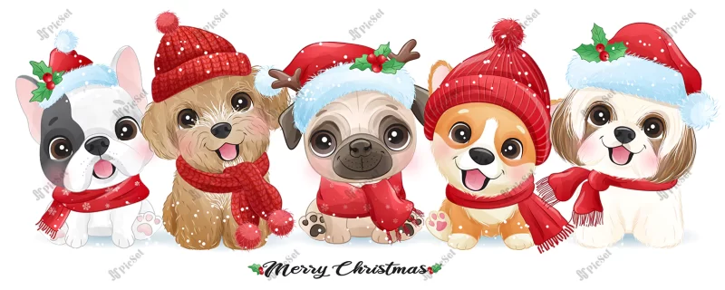 cute doodle puppy christmas with watercolor illustration / توله سگ در کریسمس با تصویر آبرنگ