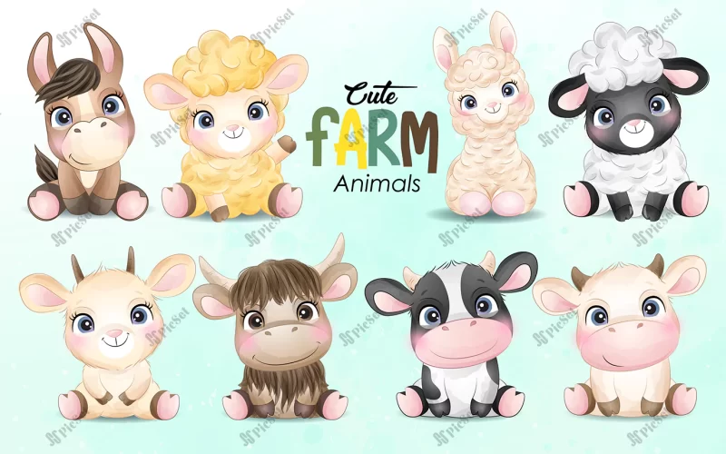 cute little farm animal with watercolor illustration set / تصاویر آبرنگ حیوانات بامزه، گاو، گوسفند، خر