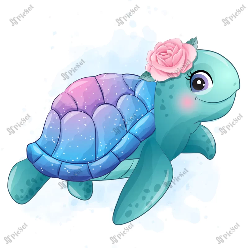 cute little sea turtle with watercolor illustration / لاک پشت دریایی کوچک بامزه با تصویر آبرنگ