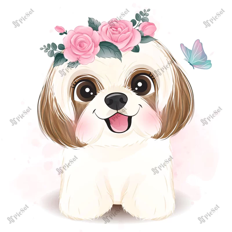 cute little shih tzu with floral illustration / سگ شیتزو کوچولوی زیبا با تصویر گل