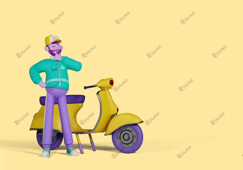delivery 3d illustration with person sitting scooter / موتور تحویل پست و غذا سه بعدی