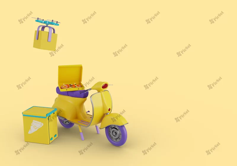 delivery 3d illustration with scooter bag with drone / موتور تحویل غذا سه بعدی با کیسه و پهپاد