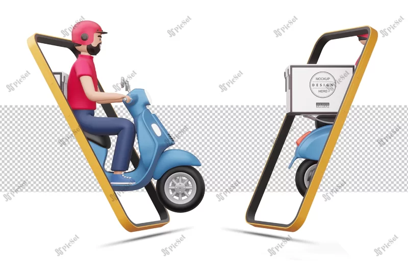 delivery man riding motorcycle come out phone 3d rendering / تحویل غذا مرد سوار موتور سیکلت سه بعدی و بیرون آمدن از موبایل 