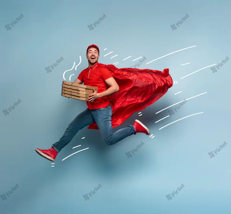 deliveryman with pizzas acts like powerful superhero concept success guarantee shipment studio cyan background / تحویل دهنده پیتزا مفهوم ابر قهرمانی قدرتمند