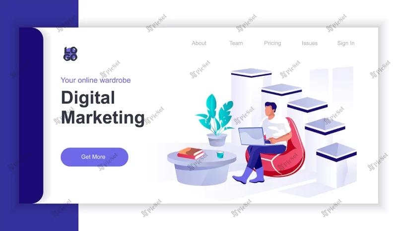 digital marketing concept d isometric web banner with people scene man works with social networks / مفهوم بازاریابی دیجیتال بنر وب ایزومتریک مرد با شبکه های اجتماعی کار می کند