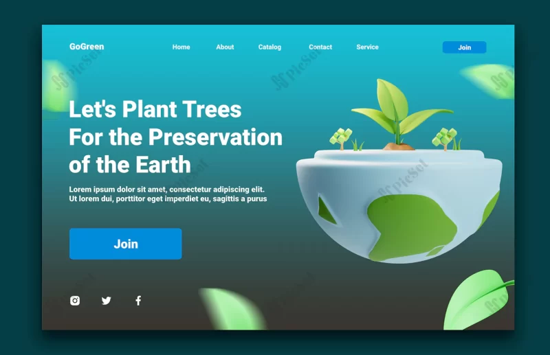 earth day concept landing page template with plant objects earth / صفحه فرود مفهوم روز زمین با گیاه