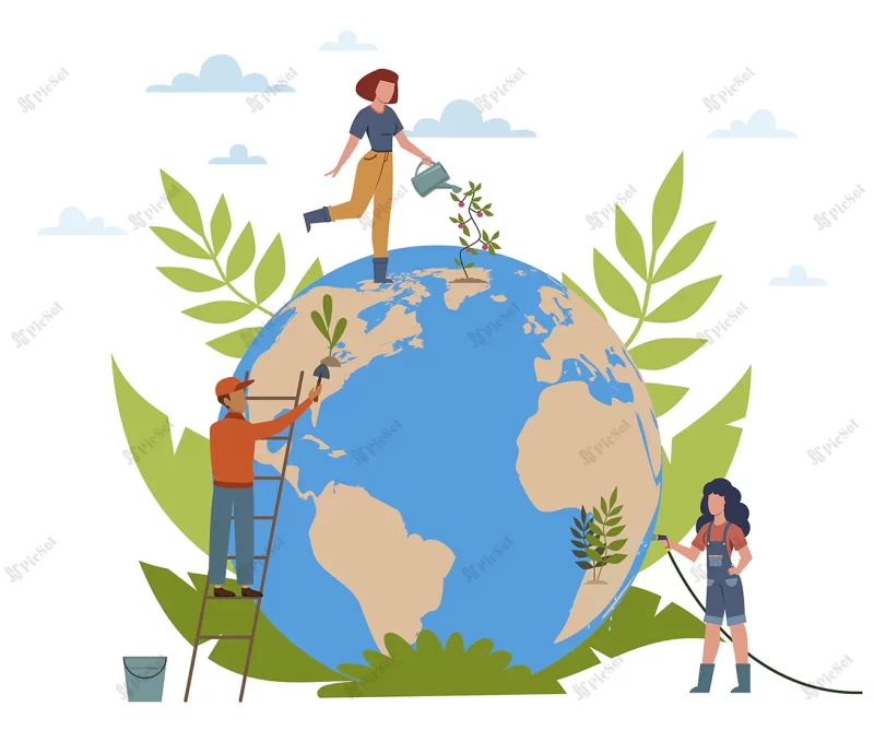 earth day people care about ecology planet plant trees water flowers women man with globe protect save world modern concept flat vector cartoon isolated illustration / کره زمین محافظت از جهان، اکولوژی، گیاه، درختان، آب، گل