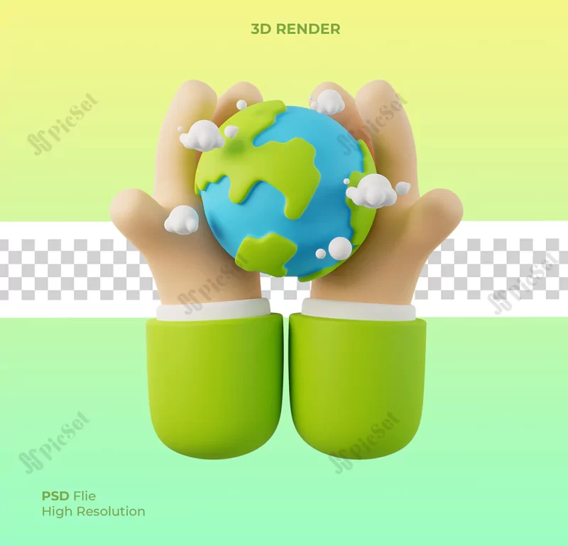 earth day save world environment concept human hands holding globe with cloud isolated 3d render / روز زمین، صرفه جویی در محیط زیست، جهان در دست انسان، کره زمین سه بعدی