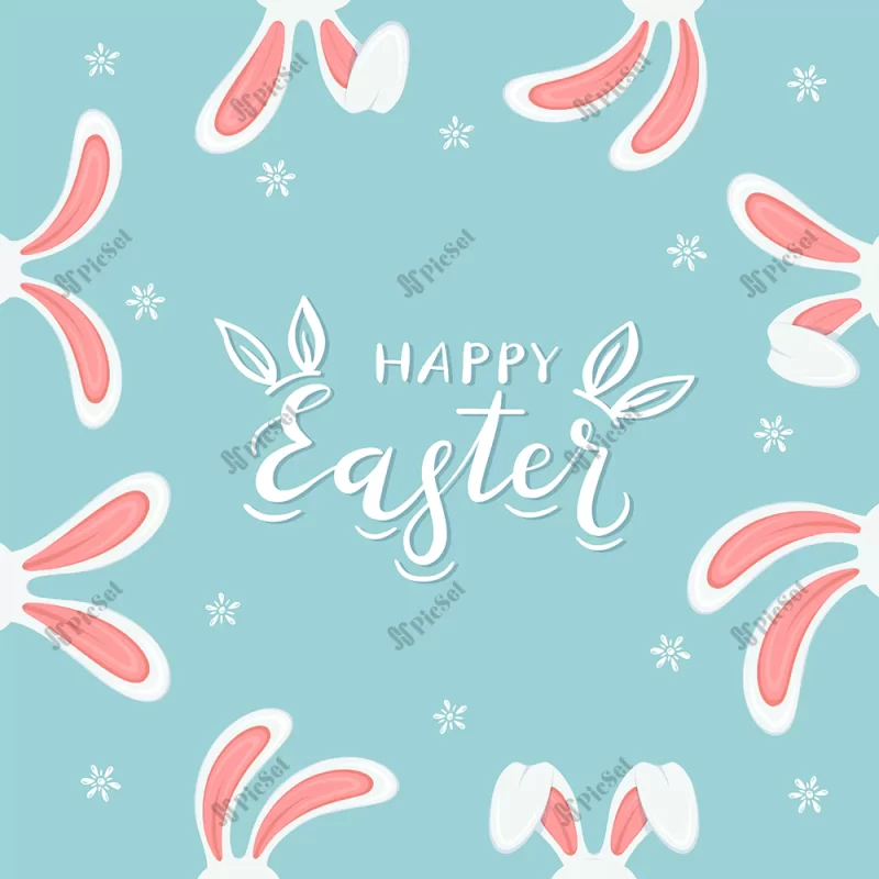 easter theme with rabbits border bunny ears with flowers white lettering happy easter blue background cartoon illustration can be used holiday design backgrounds banners / تم عید با خرگوش و گل سفید پس زمینه بنرها