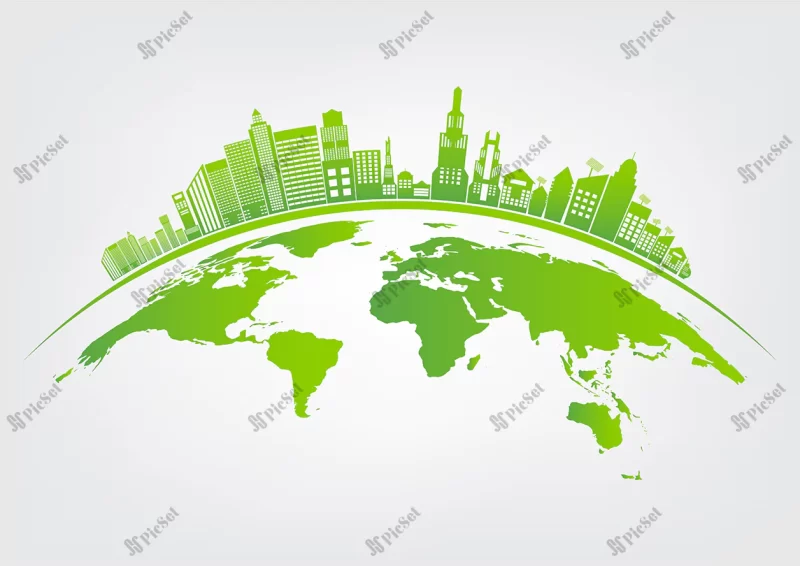 ecology environmental concept earth symbol with green leaves around cities help world with eco friendly ideas / مفهوم زیست محیطی، اکولوژی نماد زمین با برگ های سبز در اطراف شهرها