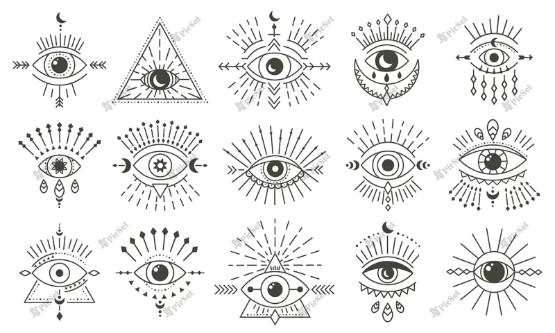 evil doodle eye hand drawn magic witchcraft eye talisman magical esoteric eyes religion sacred geometry symbols illustration icons set amulet talisman various luck souvenir / چشم شیطانی، جادوی طلسم چشم، نمادهای هندسه مقدس