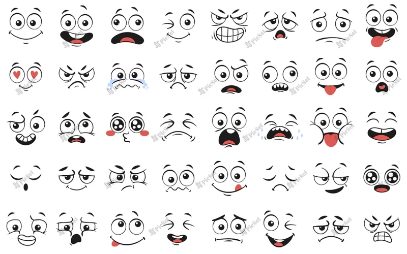 expressive eyes mouth smiling crying surprised character face expressions vector illustration set / چهره کارتونی با احساسات مختلف دهان و چشم