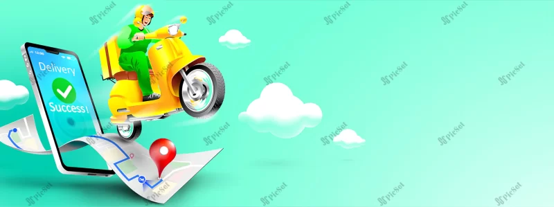 fast delivery package by scooter mobile phone order package e commerce by app tracking courier by map application three dimensional concept vector illustration / پیک موتوری سه بعدی، بسته تحویل سریع، نقشه، لوکیشن