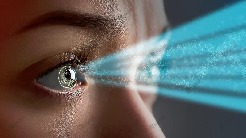 female eye close up with smart contact lens with digital biometric implants / چشم زن با لنز هوشمند دیجیتال