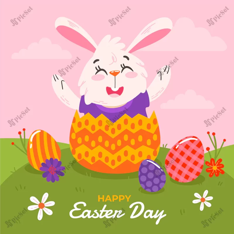 flat easter illustration / عید و سال نو با خرگوش و تخم مرغ رنگی