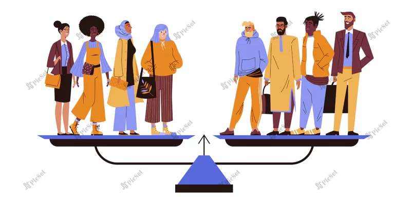 gender equality with men women scales flat vector illustration isolated / برابری جنسیتی با مردان و زنان مقیاس و ترازو