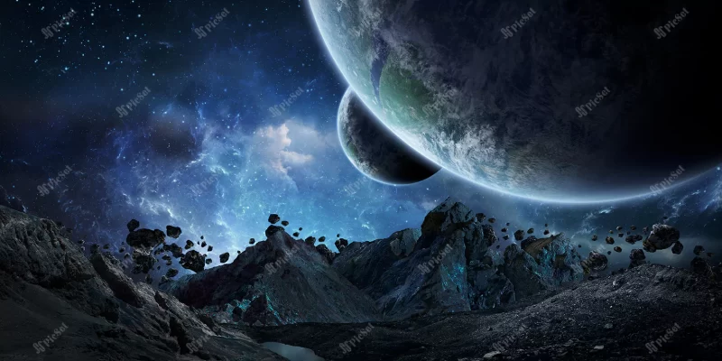 gigantic asteroids about crash earth 3d rendering / سیاره های غول پیکر، زمین