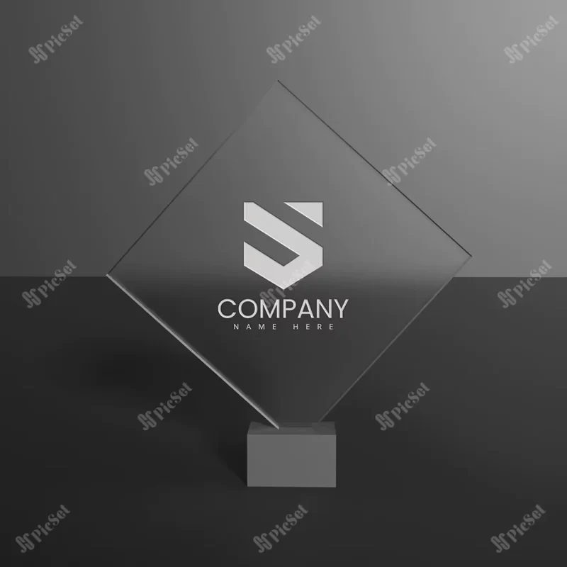 glass logo mockup with dark background / موکاپ لوگو شیشه ای، استند شیشه ای