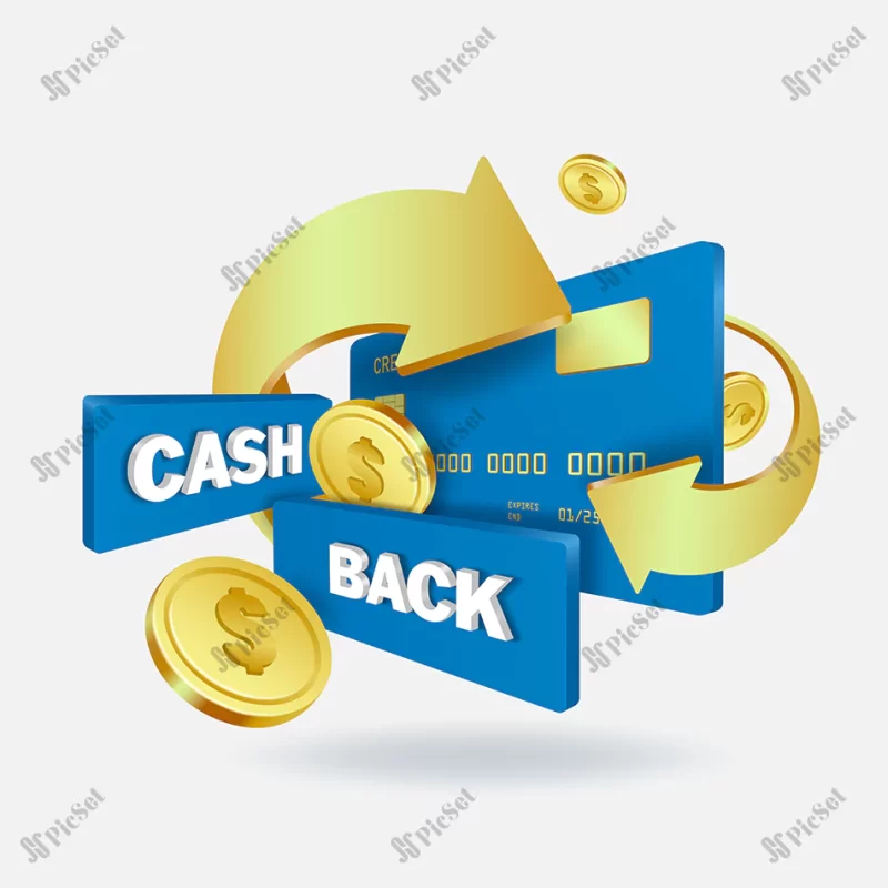 golden arrows revolve around credit cards cash back label gold coins float around / فلش‌های طلایی در اطراف کارت‌ اعتباری بانکی و سکه دلار