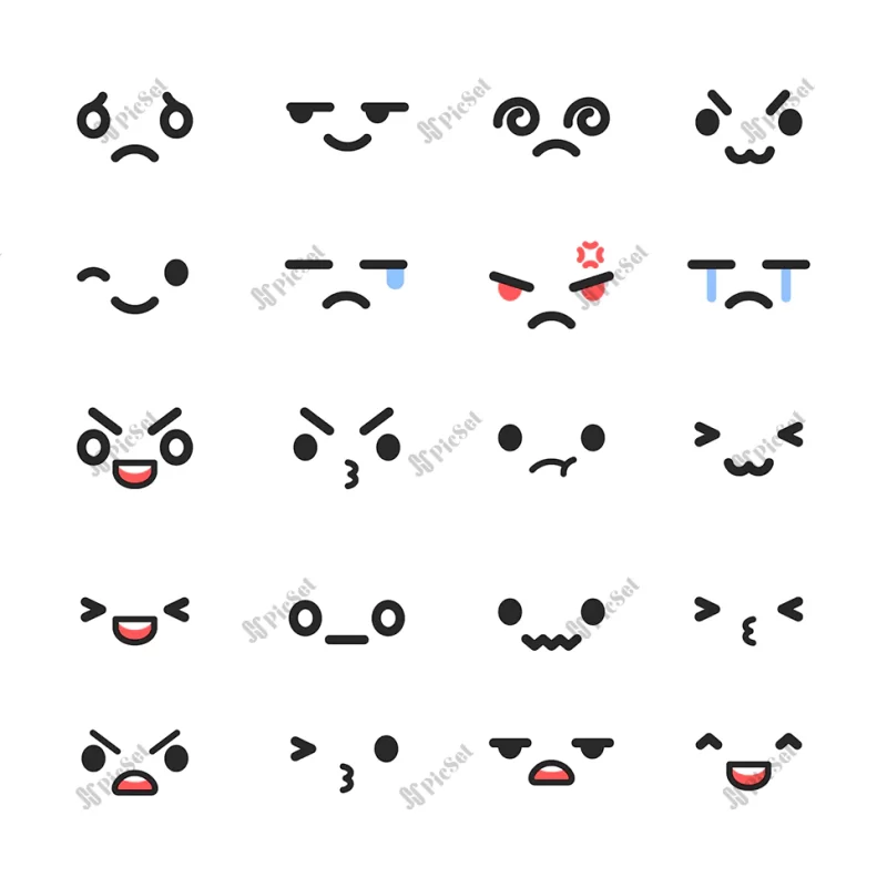 hand drawn flat design kawaii face collection / ایموجی، حالت مختلف صورت و چهره دهان و چشم