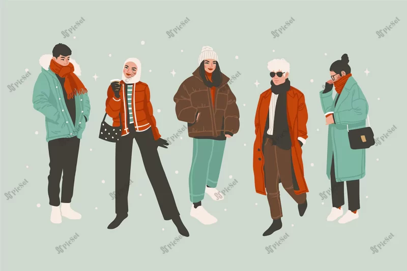 hand drawn flat winter people collection / مجموعه افراد زن و مرد با لباس زمستانی