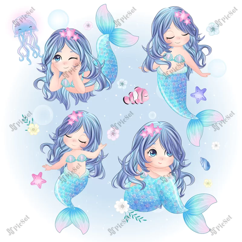 hand drawn set cute mermaid / مجموعه پری دریایی زیبا