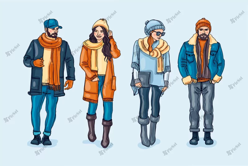 hand drawn winter people collection / مجموعه افراد زن و مرد با لباس زمستانی