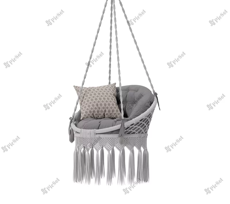 hanging armchair isolated white background side view trendy furniture hanging chair boho style 3d rendering / صندلی آویزدار، مبلمان مد روز به سبک بوهو