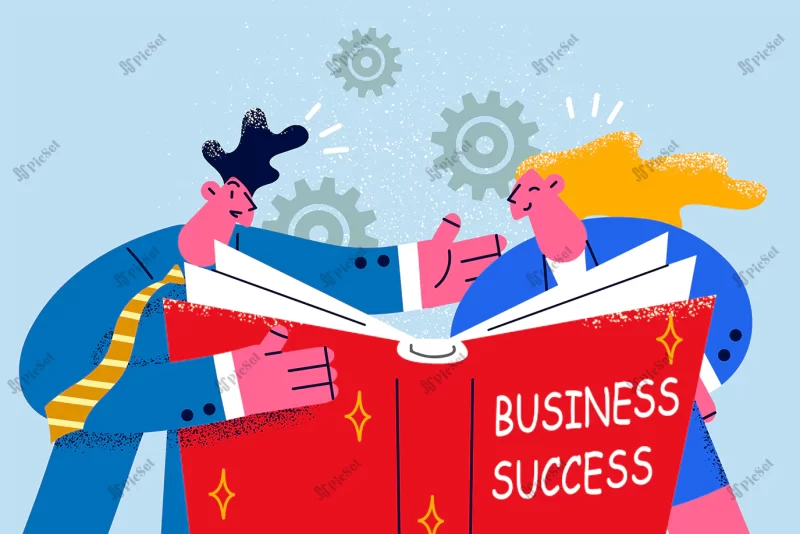 happy businesspeople read huge book about business success together smiling man woman colleagues think shared goal achievement teamwork concept flat vector illustration / تاجران خوشحال با کتاب بزرگ در مورد موفقیت در کسب و کار، مفهوم کار تیمی دستیابی به هدف مشترک