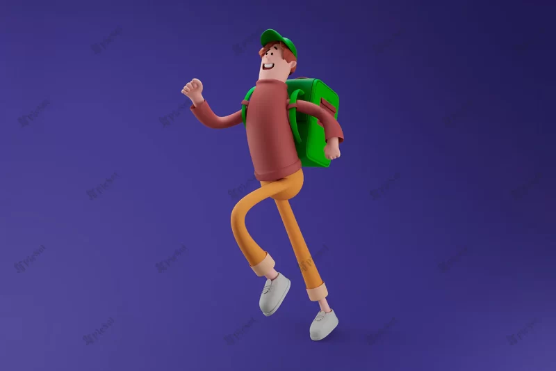 happy courier man with bag running isolated background delivery concept 3d illustration cartoon characters / مرد شاد سه بعدی با کوله پوشتی و کلاه
