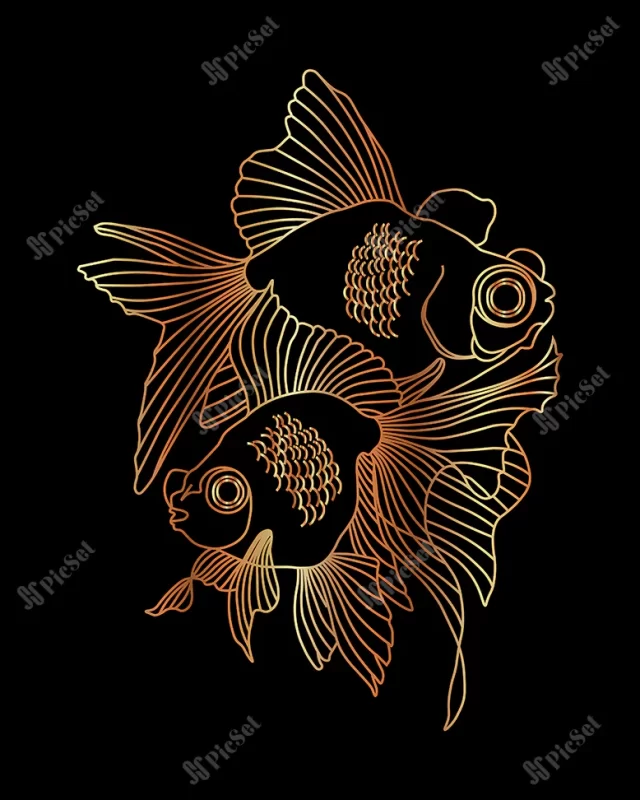 illustration elegant contour gold fish black background print poster wall art / پوستر هنری ماهی طلایی