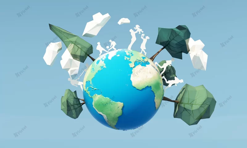 innovative poster banner world environment day with low poly tree cloud city park floor paper people with globe earth blue background 3d rendering illustration / پوستر نوآورانه روز جهانی محیط زیست با درخت پارک شهر، کره زمین سه بعدی