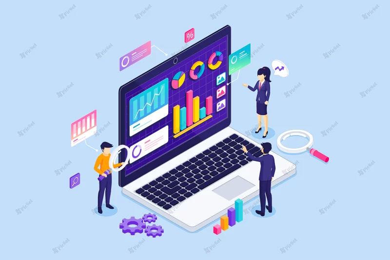 isometric business data analysis people is monitoring charts diagrams big laptop illustration / تجزیه و تحلیل داده های کسب و کار، ایزومتریک مردم در حال نظارت بر نمودار در لپ تاپ