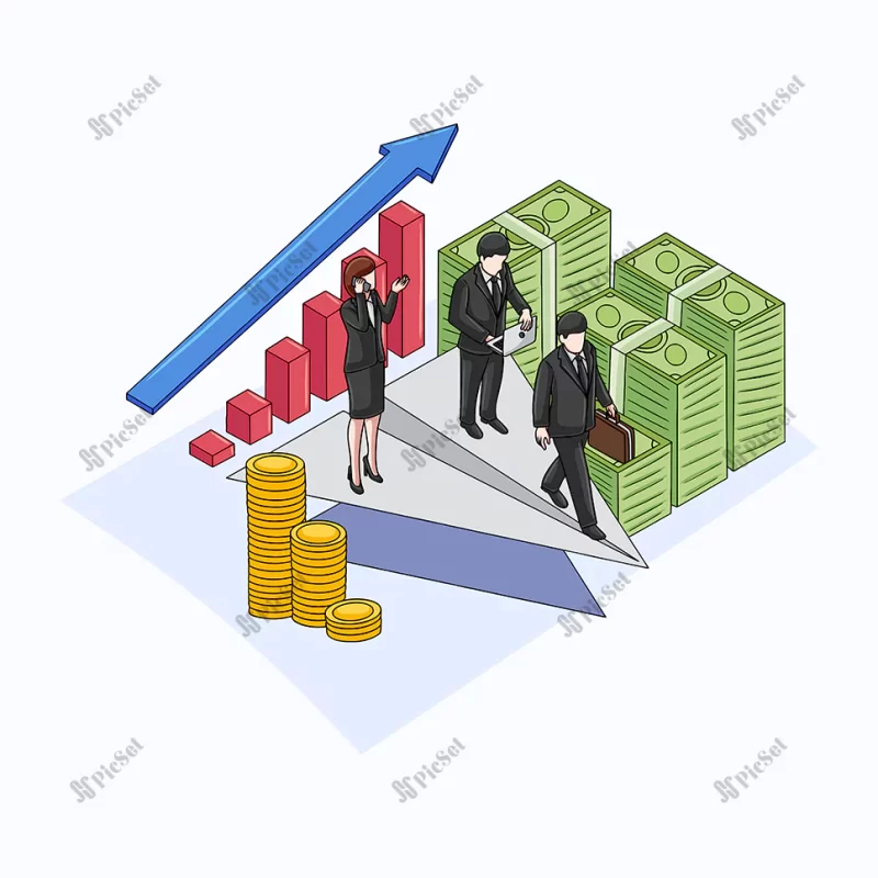 isometric business paper plane theme / کسب و کار ایزومتریک، پول و سکه با نمودار
